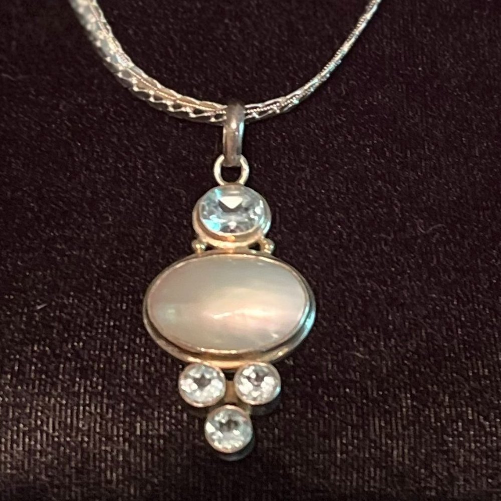 Vintage Sterling Silver Mother of Pearl and blue stone necklace (chain included)